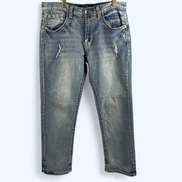 True Luck Mens Classic Straight Jeans 34x30 Light Wash - Picture 2 of 8